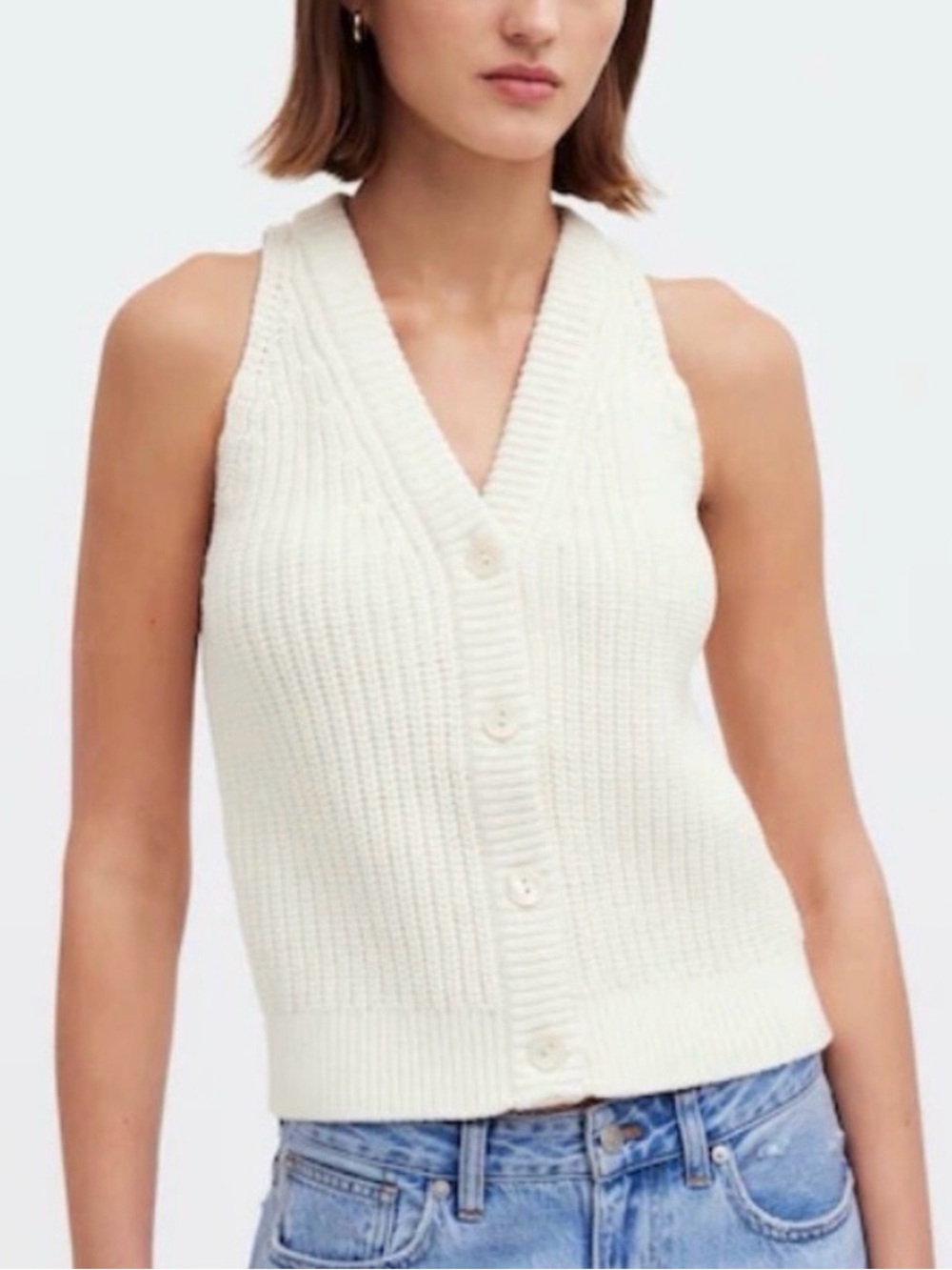 Madewell Cream Ribbed Knit Button-Front Vest